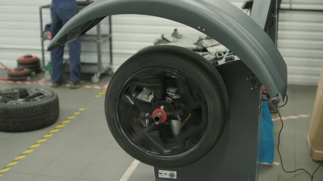 Professional auto mechanic changing and balancing car wheel in a tire fitting workshop