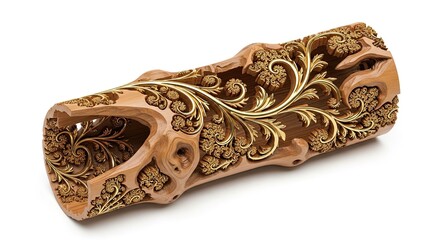 Intricate wood carving featuring floral and leaf motifs evoking artistic expression