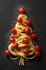 Spaghetti pasta cherry tomatoes forming christmas tree shape, vertical