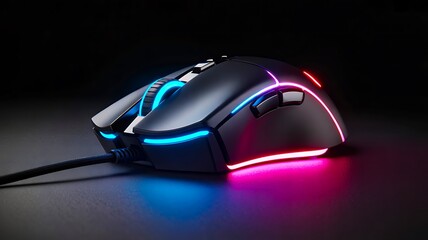 Modern rgb gaming mouse with neon lights on dark background
