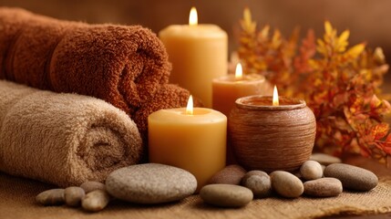 Soft towels of various colors are neatly arranged with lit candles and smooth stones in a warm calming space perfect for relaxation during the autumn season.