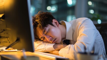 A young man in a button up shirt rests his head on his arms while sleeping at his desk. The bright office lights create a calm atmosphere.