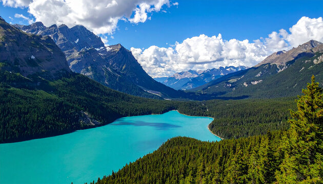 Turquoise Lake Surrounded by Pine Forests and Majestic Mountains water landscape - Powered by Adobe