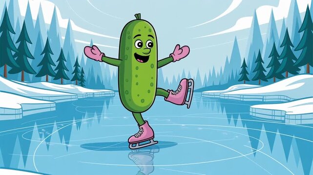 Happy pickle cartoon ice skating on frozen lake with winter scenery