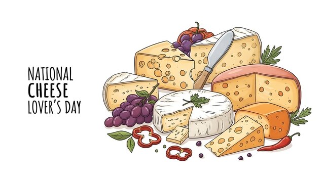 Assortment of cheeses with grapes and peppers National Cheese Lovers Day dairy food