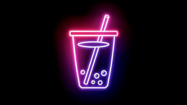BUBBLE tea neon icon with a simple glowing cup, wide straw, and small tapioca pearls at the bottom, pink and purple neon tubes, soft shimmering glow floating on a pure black background.