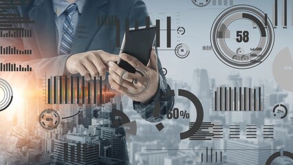 A business professional engages with a smartphone amidst futuristic data visualizations and a city skyline, symbolizing the intersection of technology and business growth. Xenic