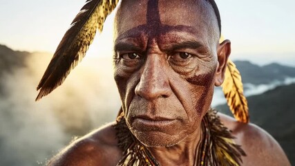A detailed closeup of an indigenous elder with symbolic face paint conveying tradition identity resilience spirituality and cultural legacy