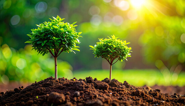 Two small green trees growing from rich soil in bright sunlight trees, plants, growth