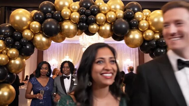 Elegant couple entering event under golden black balloon archway