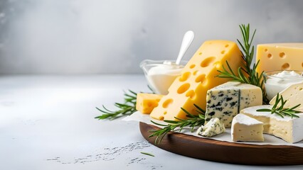 Assortment of cheeses with rosemary and cream on a wooden board dairy food