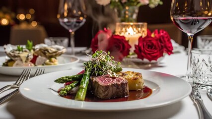 Elegant dining experience with gourmet meal and wine