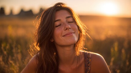 A young woman with long hair smiles softly while basking in the warm light of a sunset. She is surrounded by a golden field radiating calm and joy during the evening.