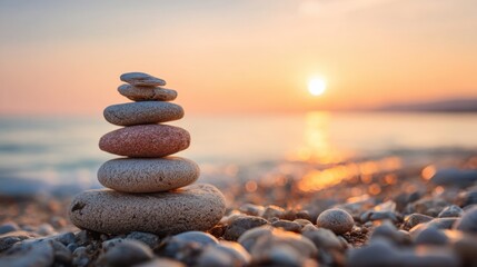 At sunset smooth stones are carefully stacked on a serene beach. The sun casts warm golden light over the water creating a peaceful atmosphere as gentle waves lap at the shore.