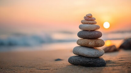 A serene beach scene shows a stack of smooth stones on the sand as the sun sets casting warm colors in the sky and reflecting on the gentle waves of the ocean.