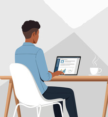 A person working on a laptop at a desk with a hot drink, focused on data and reports.