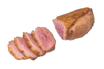 Sliced cooked duck breast with crispy skin on white background showcasing juicy tender meat ideal for gourmet food stock images.