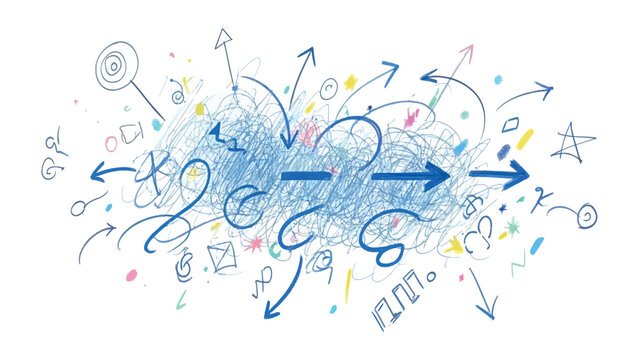 Navigating Complexity: A vibrant illustration of tangled ideas, a central arrow cutting through the chaos, pointing toward clarity and solutions.