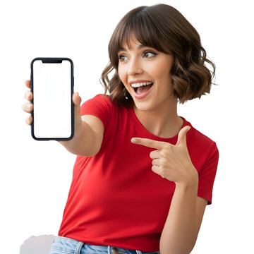 Young woman holding and pointing at a blank smartphone screen, isolated on transparent background