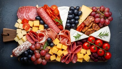 Charcuterie board with salami cheese grapes tomatoes and rosemary image