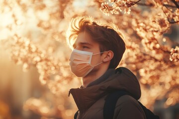 Young man wearing mask reflecting during pandemic spring