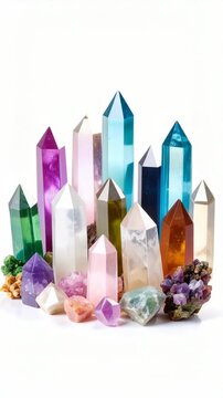 Collection of colorful gem stones and crystal points against a white background, various shapes and colors create a beautiful display.