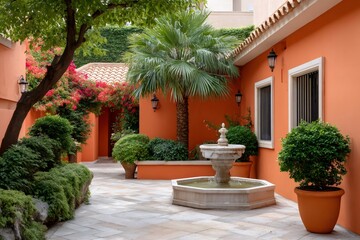Fototapeta premium Mediterranean courtyard with fountain, palm tree and orange walls