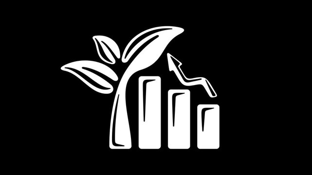 Growth chart, arrow and plant sprout, graphic animation. Alpha channel. Transparent background motion design. 4K resolution