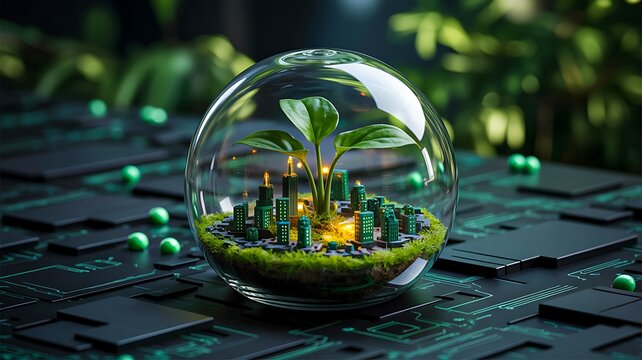 Green plant growing inside glass sphere on circuit board showing eco technology concept