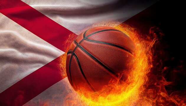 A basketball blazes with fire over Alabama’s flag, symbolizing passion, sportsmanship, and fiery state pride. The image captures energy, intensity, and bold visuals.