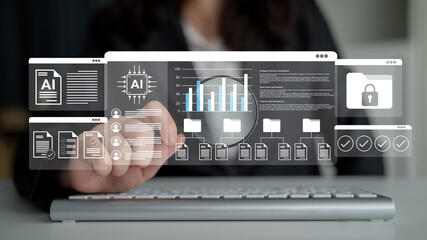 A businesswoman interacts with an advanced AI data visualization interface, showcasing graphs and documents, illustrating the blend of technology and office productivity. Gantry