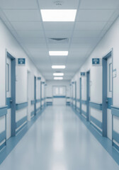 Fototapeta premium Modern empty hospital corridor with blue accents and bright lights