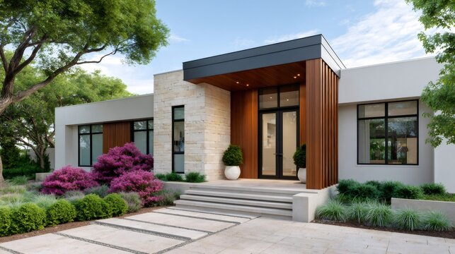 Modern architecture home exterior with contemporary landscaping design - Powered by Adobe