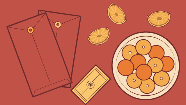 Lunar new year celebration elements illustration featuring traditional red envelopes and oranges symbolizing good fortune and prosperity for the holiday season