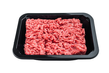 Uncooked ground mince beef packaged in black container on white backdrop ideal for butcher, grocery and cooking preparation visuals.