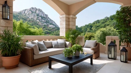 Obraz premium Outdoor patio furniture on a scenic mountain balcony