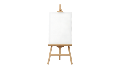 Wooden art easel with a blank white canvas, isolated on transparent background