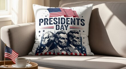 Patriotic Presidents Day Pillow on Sofa with US Flag.