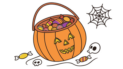 A cartoon jack-o'-lantern pumpkin bucket overflowing with colorful halloween candies, surrounded by treats, playful skulls, and a spooky spiderweb illustration.