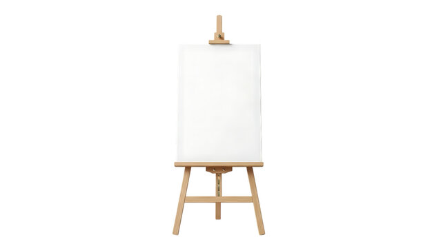 Wooden art easel with a blank white canvas, isolated on transparent background