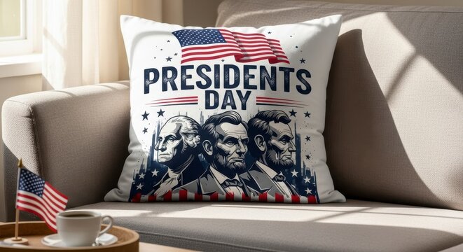 Patriotic Presidents Day Pillow on Sofa with US Flag. - Powered by Adobe