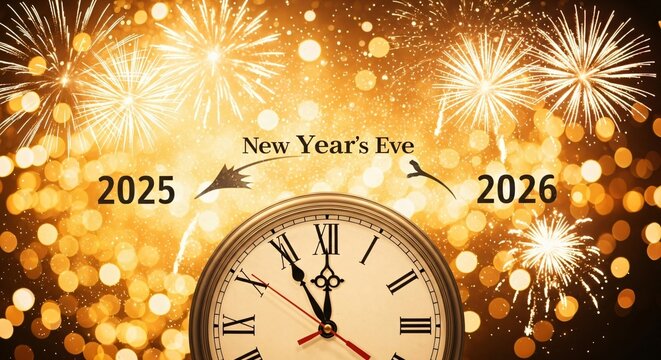 Golden countdown to midnight with a classic clock and spectacular fireworks display, heralding a new beginning and celebration
