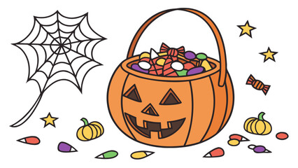 Halloween jack-o'-lantern candy bucket brimming with colorful treats, a spooky spiderweb, stars, and scattered sweets. festive vector illustration for holiday.