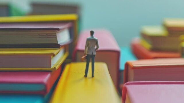Video A small figure stands at the top of a pile of books, conveying a sense of accomplishment or study