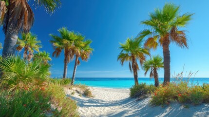 Obraz premium A beautiful scene showcasing a sandy path leading to a vibrant blue ocean. Lush green palm trees line the sides creating a tropical atmosphere under a clear sky.