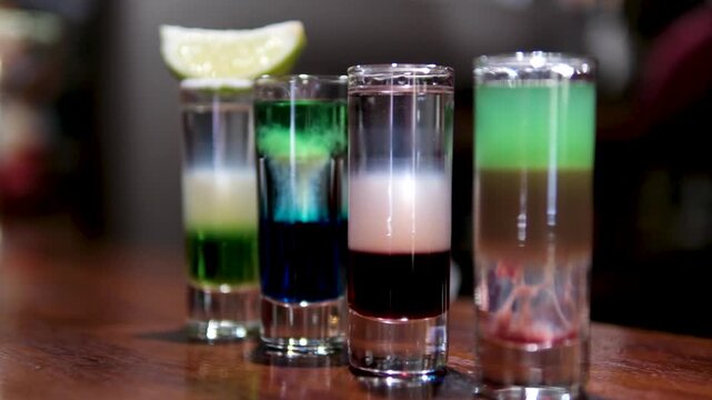 Bartender pouring layered colorful shots on bar counter. High quality 4k footage - Powered by Adobe