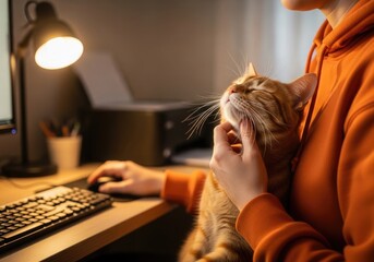 Obraz na płótnie Canvas A person wearing an orange hoodie pets their ginger cat while working on a computer at a desk in a cozy home office, highlighting the companionship and comfort of pets during remote work