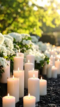 Close up of lit wax candles arranged on dark pebble stones with white flower shrubs background in warm sunlight.