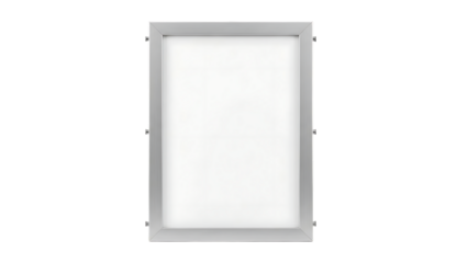 Modern silver rectangular display frame with blank white screen, isolated on transparent background
