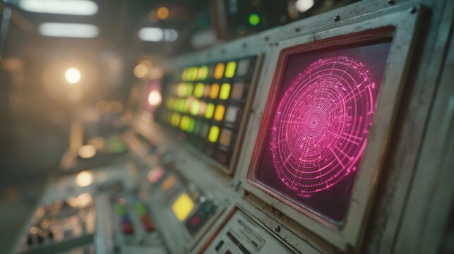 A futuristic control panel featuring vibrant displays, buttons, and a radar-like screen, set in a dimly lit environment. - Powered by Adobe